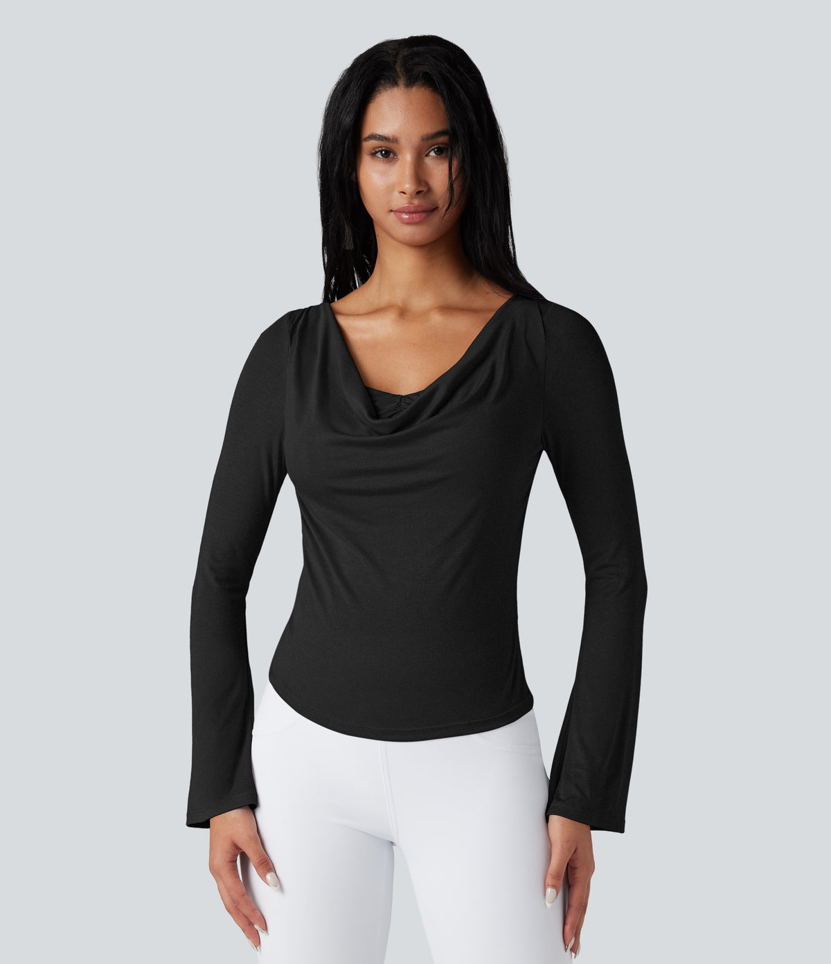 Ribbed Cowl Neck Long Sleeve Dance Sports Top — Black — view 6