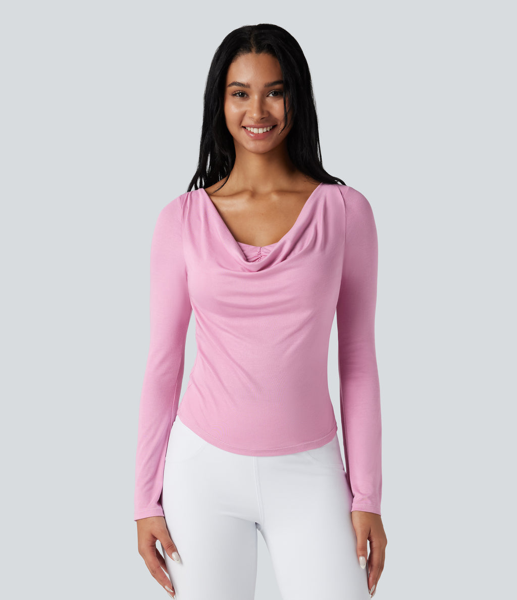Ribbed Cowl Neck Long Sleeve Dance Sports Top — Sweet Lilac — view 1