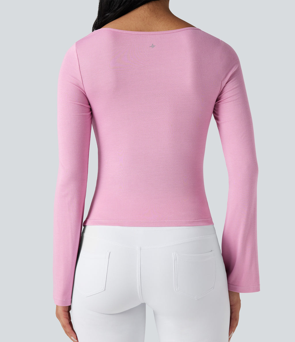 Ribbed Cowl Neck Long Sleeve Dance Sports Top — Sweet Lilac — view 4
