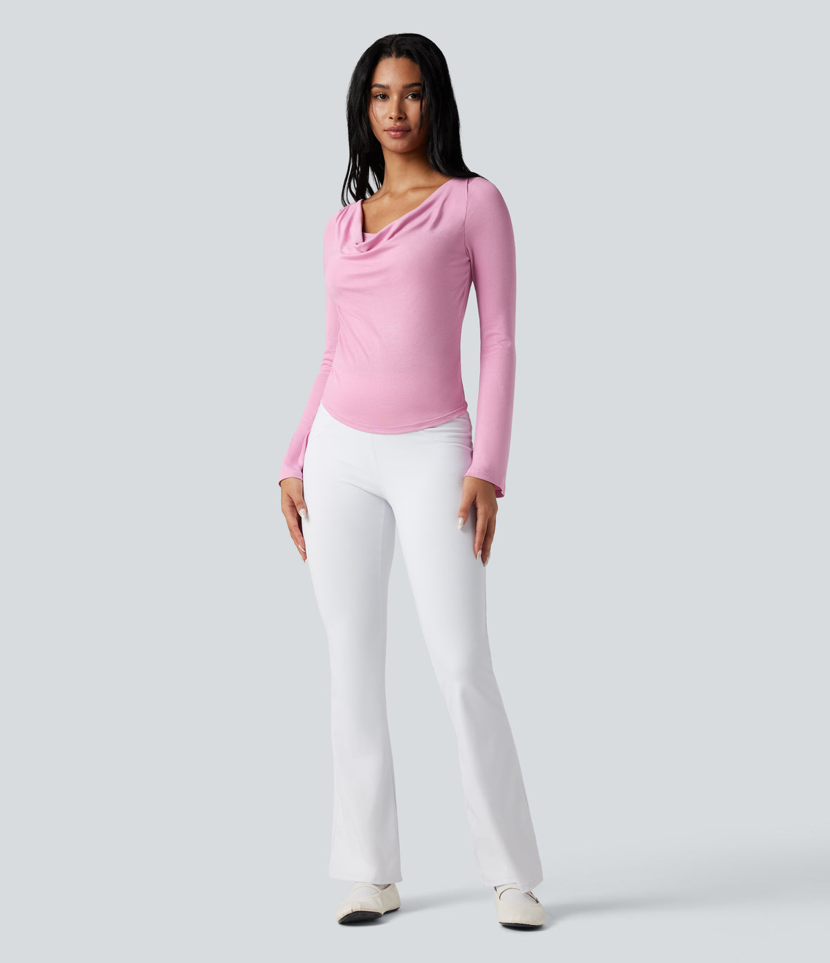 Ribbed Cowl Neck Long Sleeve Dance Sports Top — Sweet Lilac — view 5