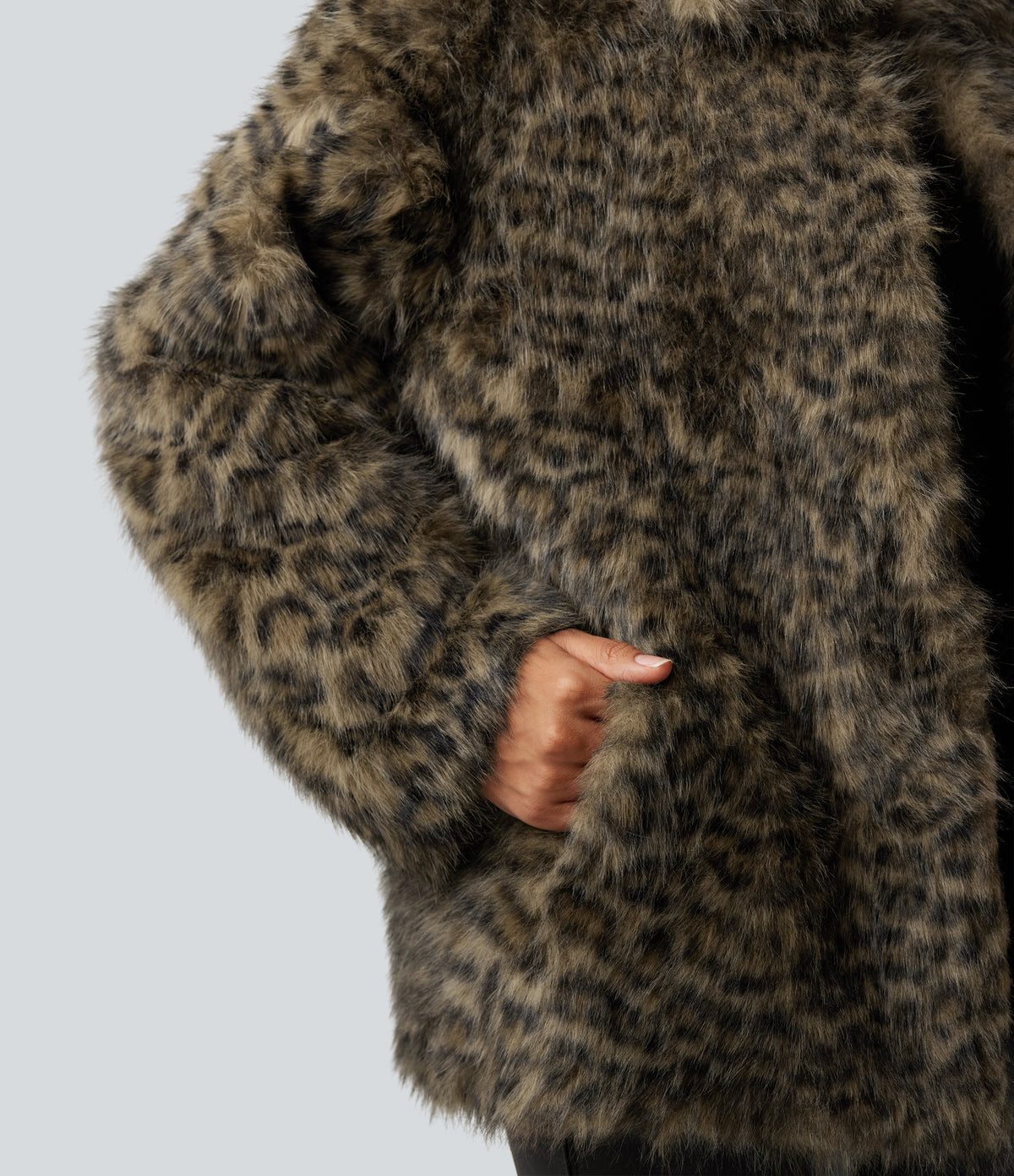 Long Sleeve Casual Faux Fur Coat with Pockets — Classic Leopard — view 5