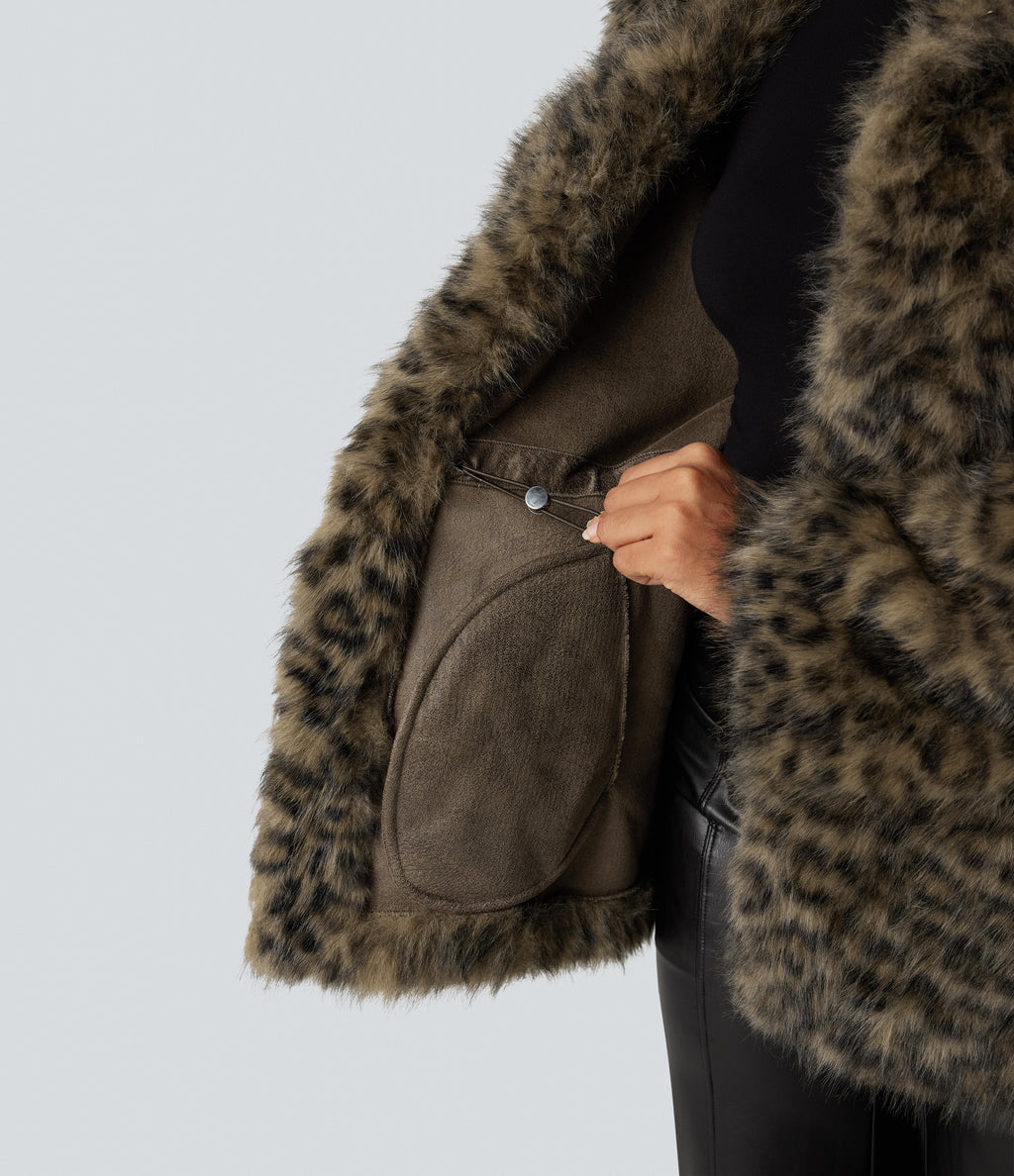 Long Sleeve Casual Faux Fur Coat with Pockets — Classic Leopard — view 4
