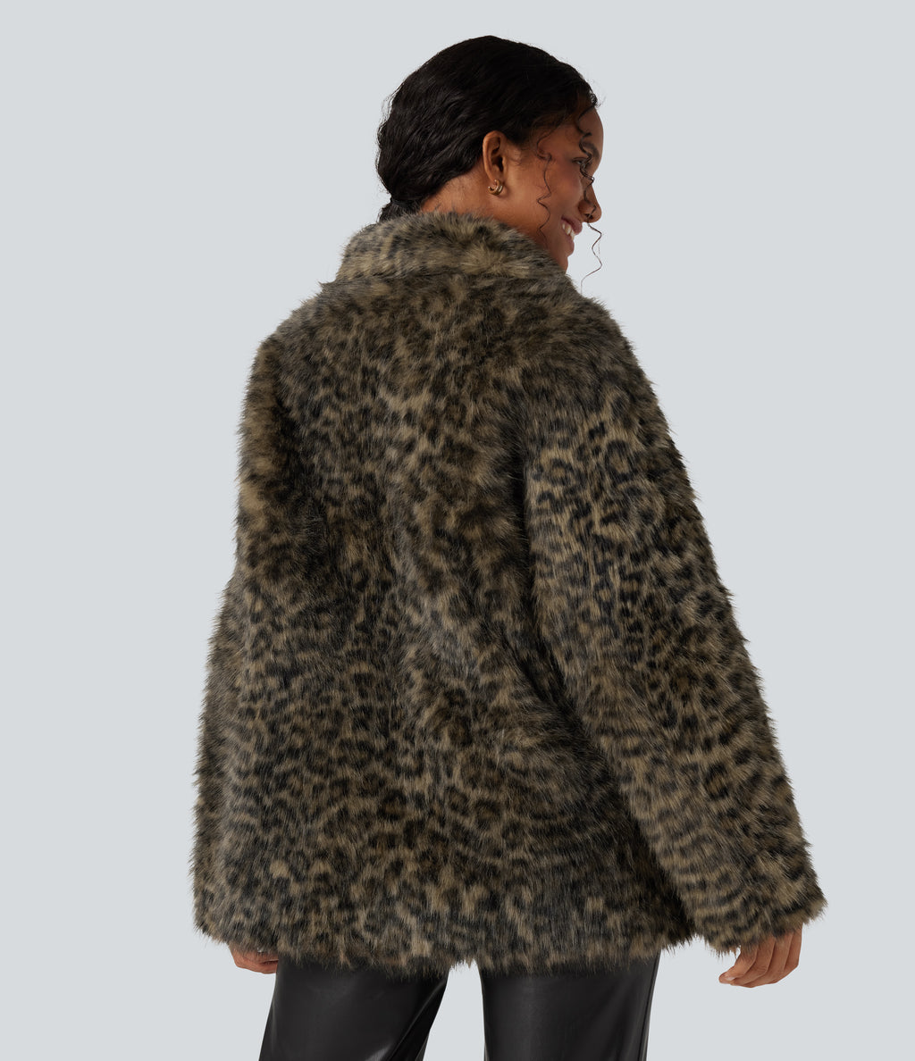 Long Sleeve Casual Faux Fur Coat with Pockets — Classic Leopard — view 2