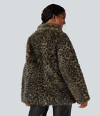 Long Sleeve Casual Faux Fur Coat with Pockets — Classic Leopard — view 2