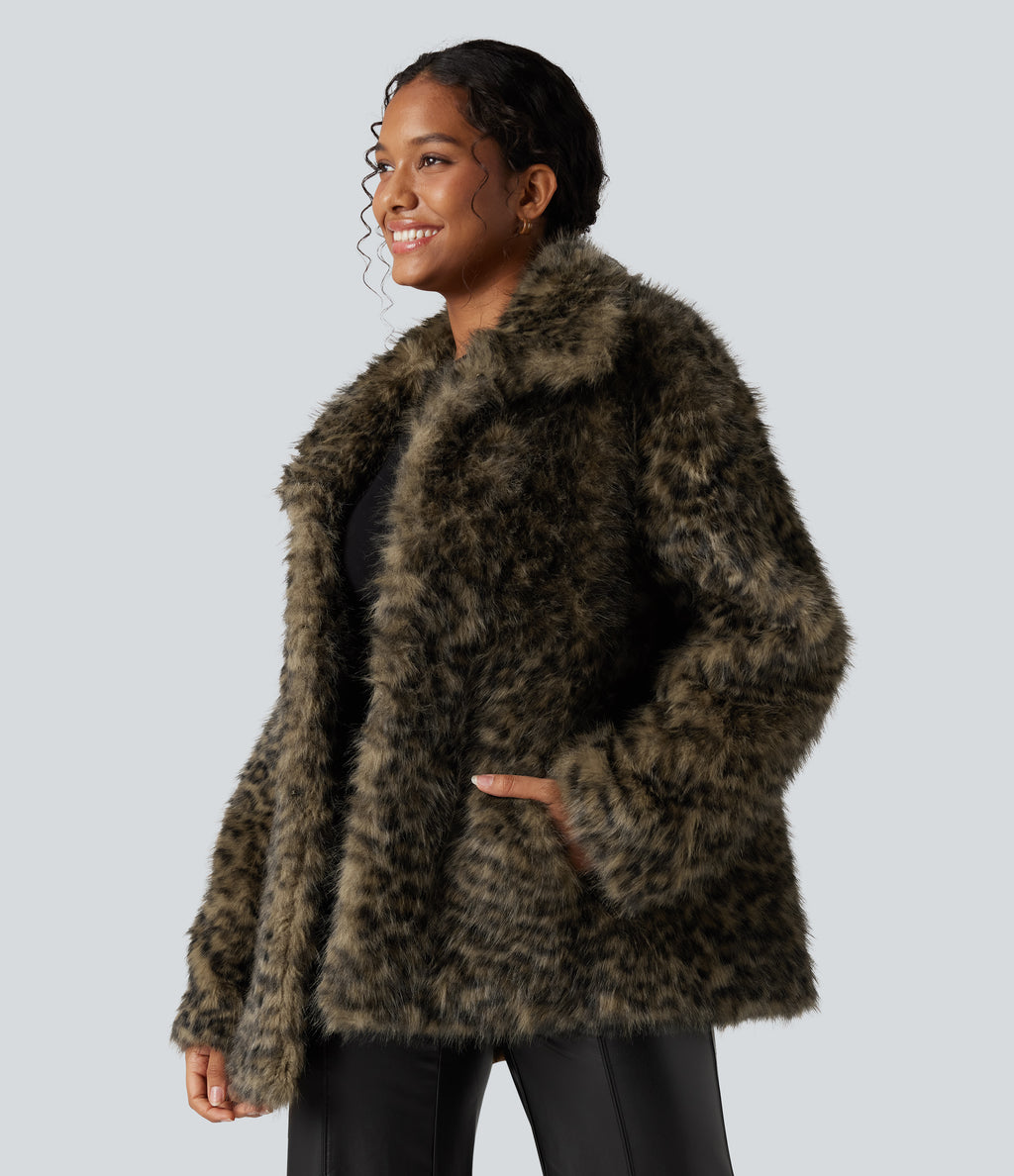 Long Sleeve Casual Faux Fur Coat with Pockets — Classic Leopard — view 3