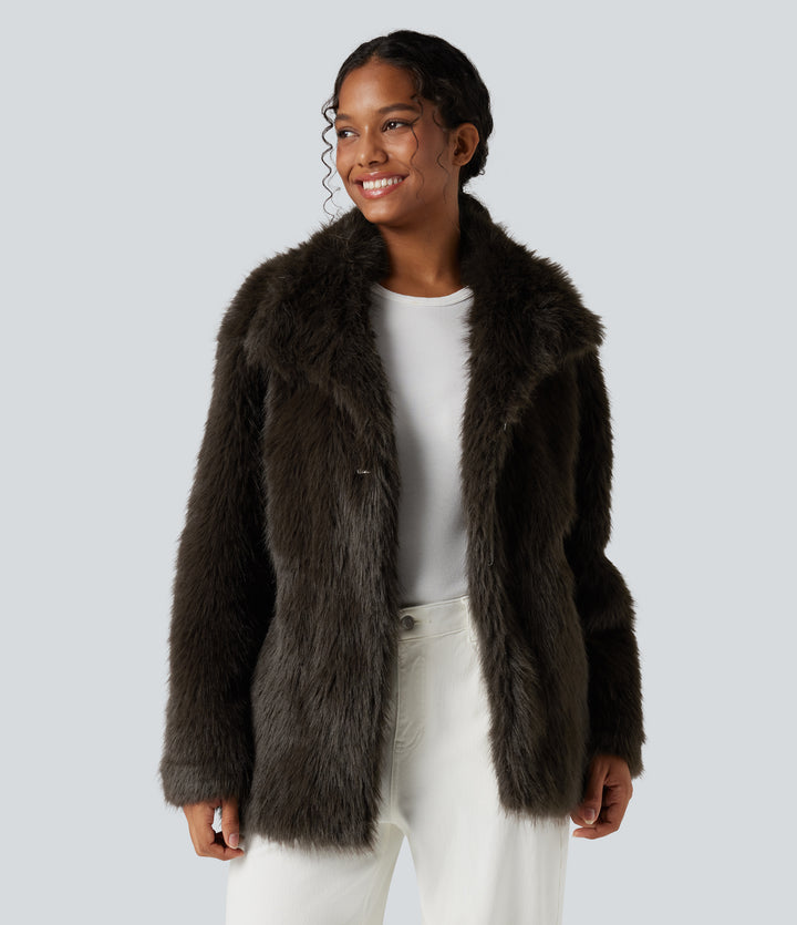 Long Sleeve Casual Faux Fur Coat with Pockets — Charcoal Brown — view 8