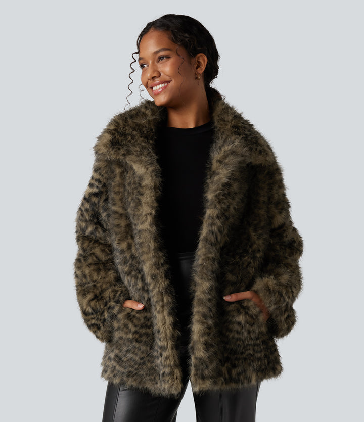 Long Sleeve Casual Faux Fur Coat with Pockets — Classic Leopard — view 1