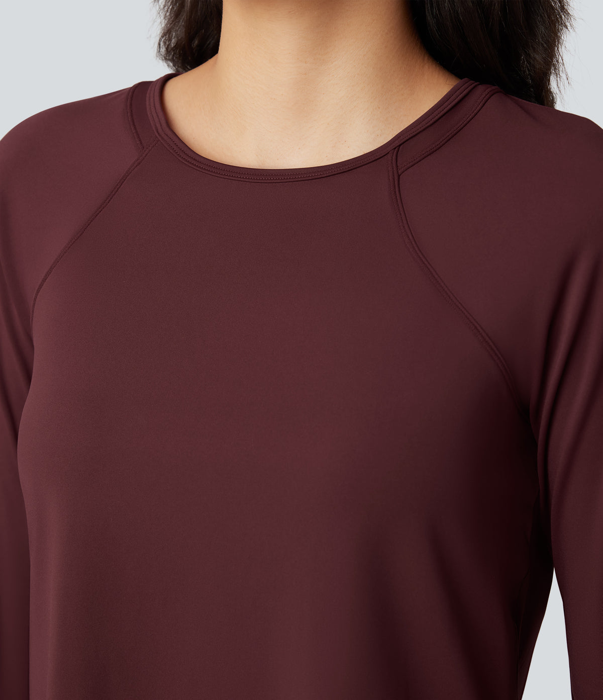 Airy Round Neck Long Sleeve Split Hem Running Sports Top — Berry Red — view 4