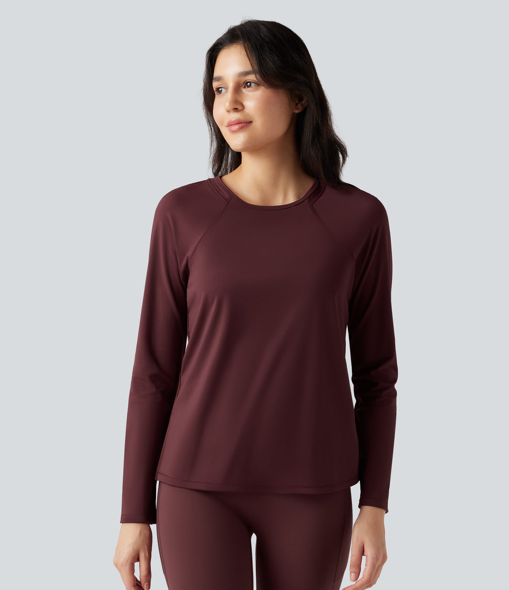 Airy Round Neck Long Sleeve Split Hem Running Sports Top — Berry Red — view 3