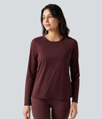 Airy Round Neck Long Sleeve Split Hem Running Sports Top — Berry Red — view 3