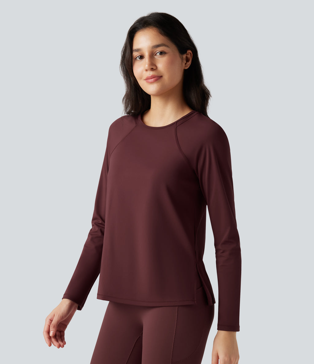 Airy Round Neck Long Sleeve Split Hem Running Sports Top — Berry Red — view 1