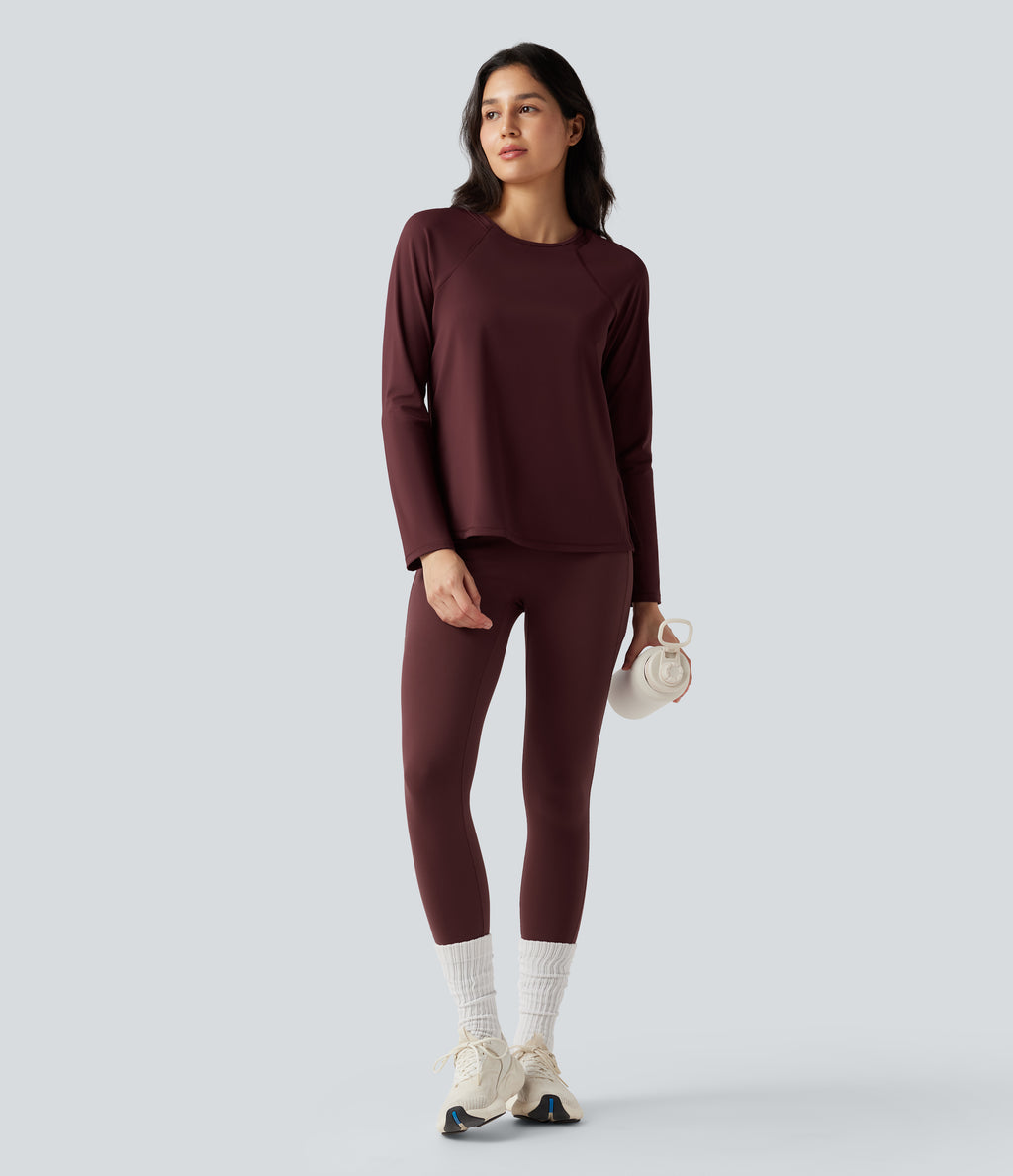 Airy Round Neck Long Sleeve Split Hem Running Sports Top — Berry Red — view 7