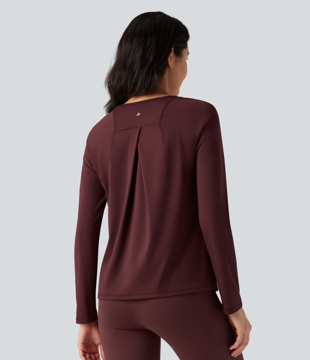 Airy Round Neck Long Sleeve Split Hem Running Sports Top — Berry Red — view 2