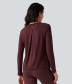 Airy Round Neck Long Sleeve Split Hem Running Sports Top — Berry Red — view 2