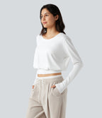Scoop Neck Long Sleeve Casual T-Shirt — White — view 1