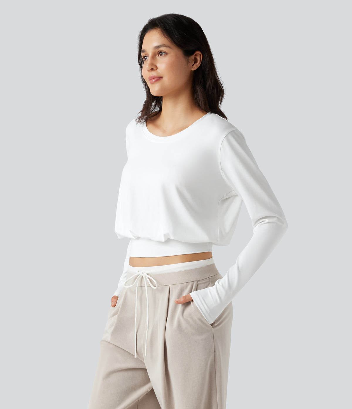 Scoop Neck Long Sleeve Casual T-Shirt — White — view 1