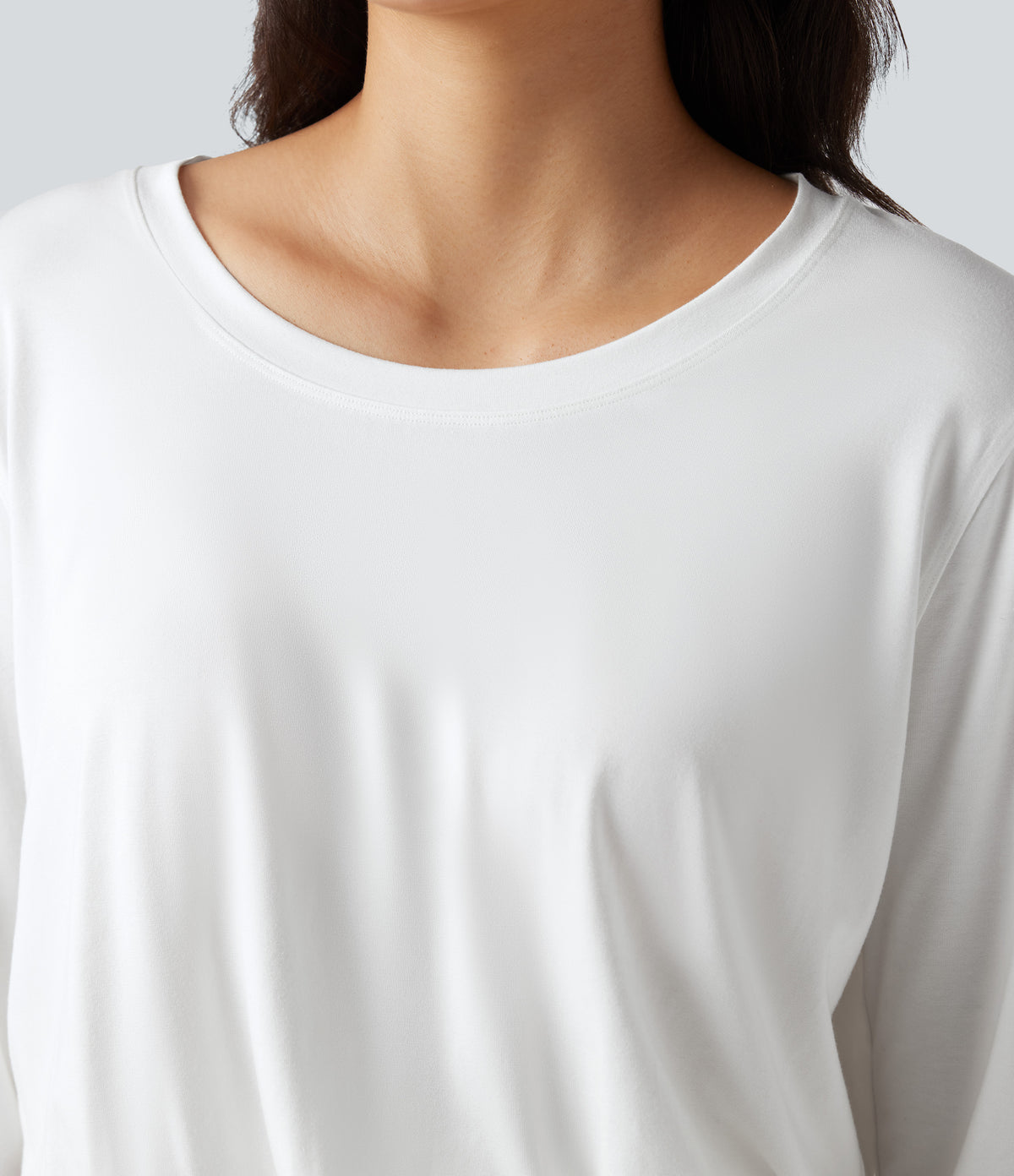 Scoop Neck Long Sleeve Casual T-Shirt — White — view 4