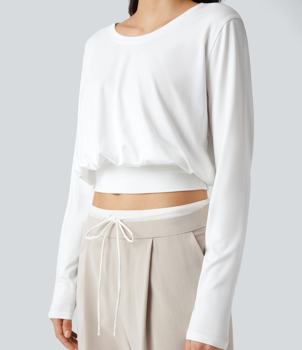Scoop Neck Long Sleeve Casual T-Shirt — White — view 5