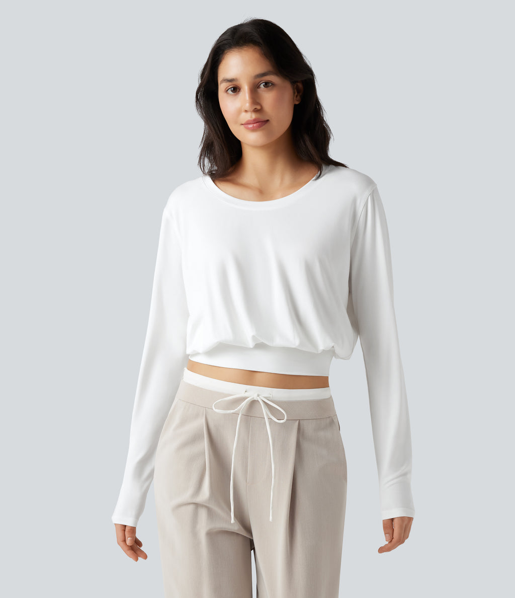 Scoop Neck Long Sleeve Casual T-Shirt — White — view 3
