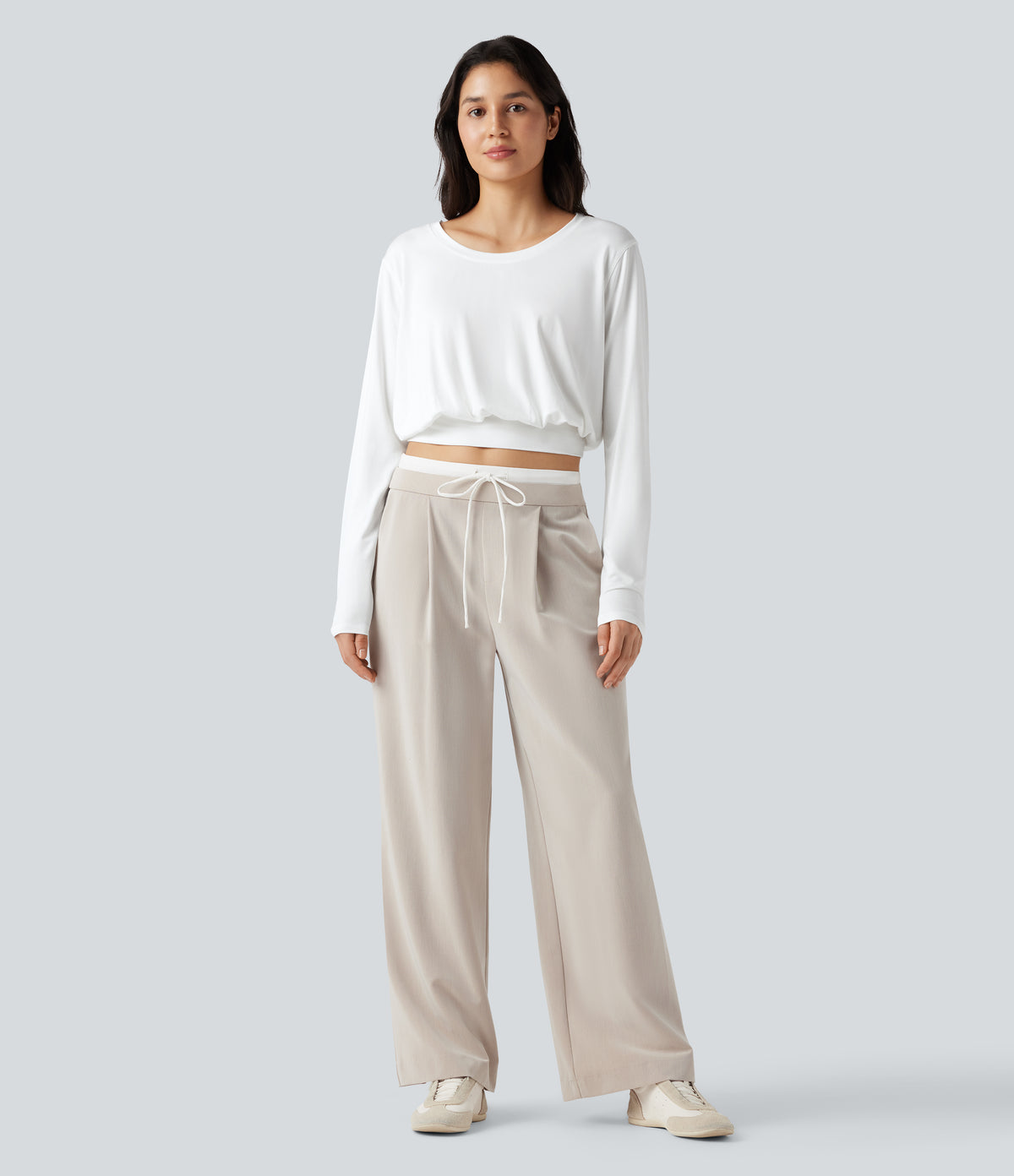 Scoop Neck Long Sleeve Casual T-Shirt — White — view 6