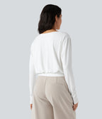 Scoop Neck Long Sleeve Casual T-Shirt — White — view 2