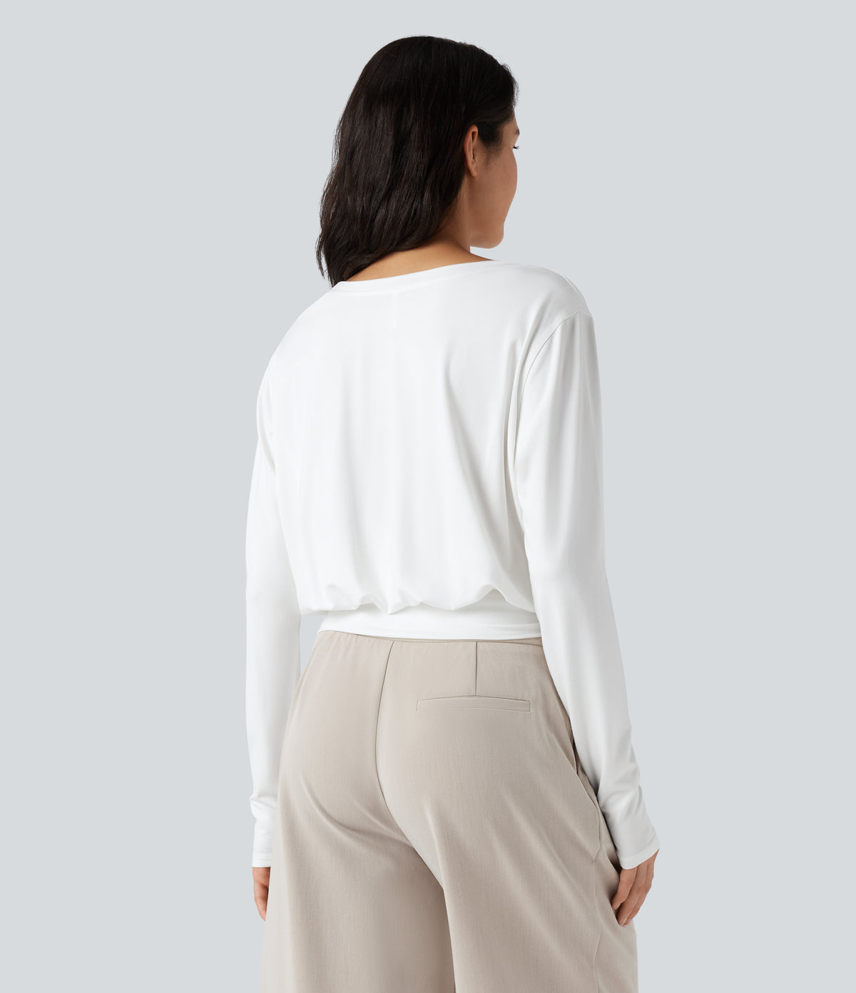 Scoop Neck Long Sleeve Casual T-Shirt — White — view 2