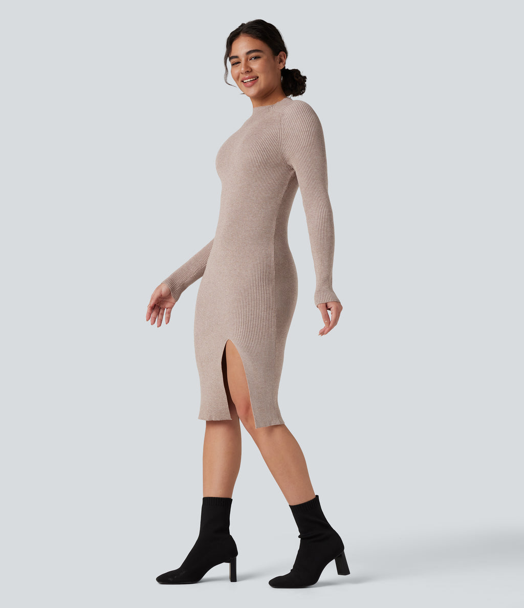 Mock-neck Long Sleeve Split Hem Bodycon Midi Work Jumper Dress — Adobe Rose — view 3
