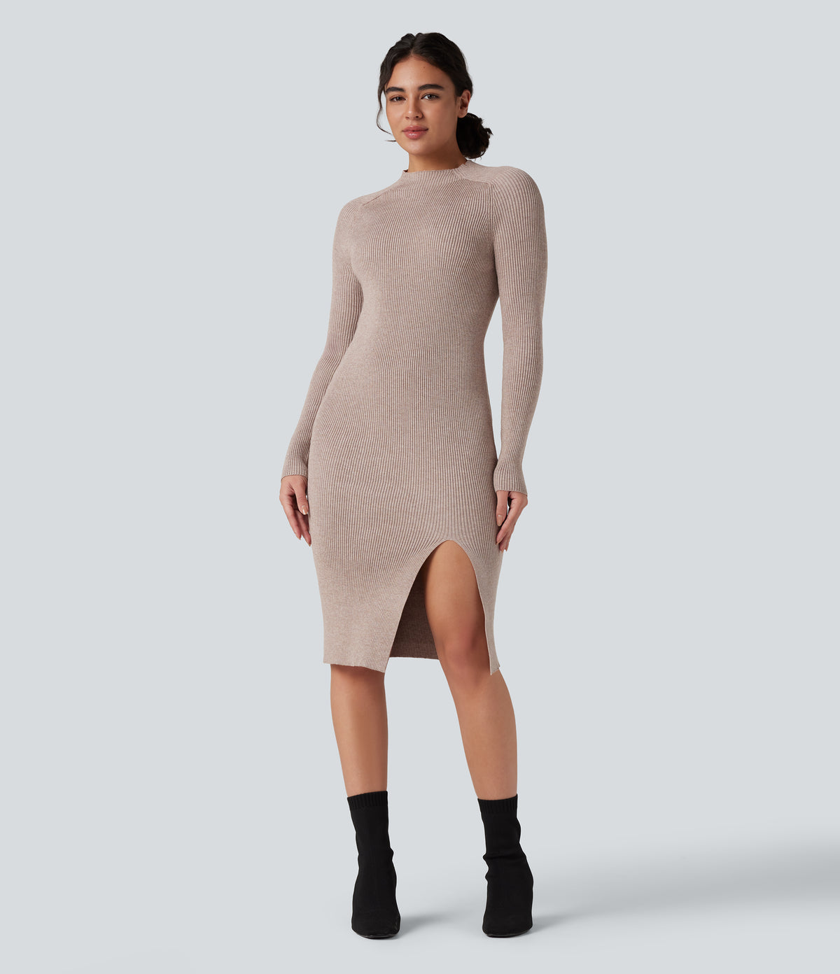 Mock-neck Long Sleeve Split Hem Bodycon Midi Work Jumper Dress — Adobe Rose — view 1