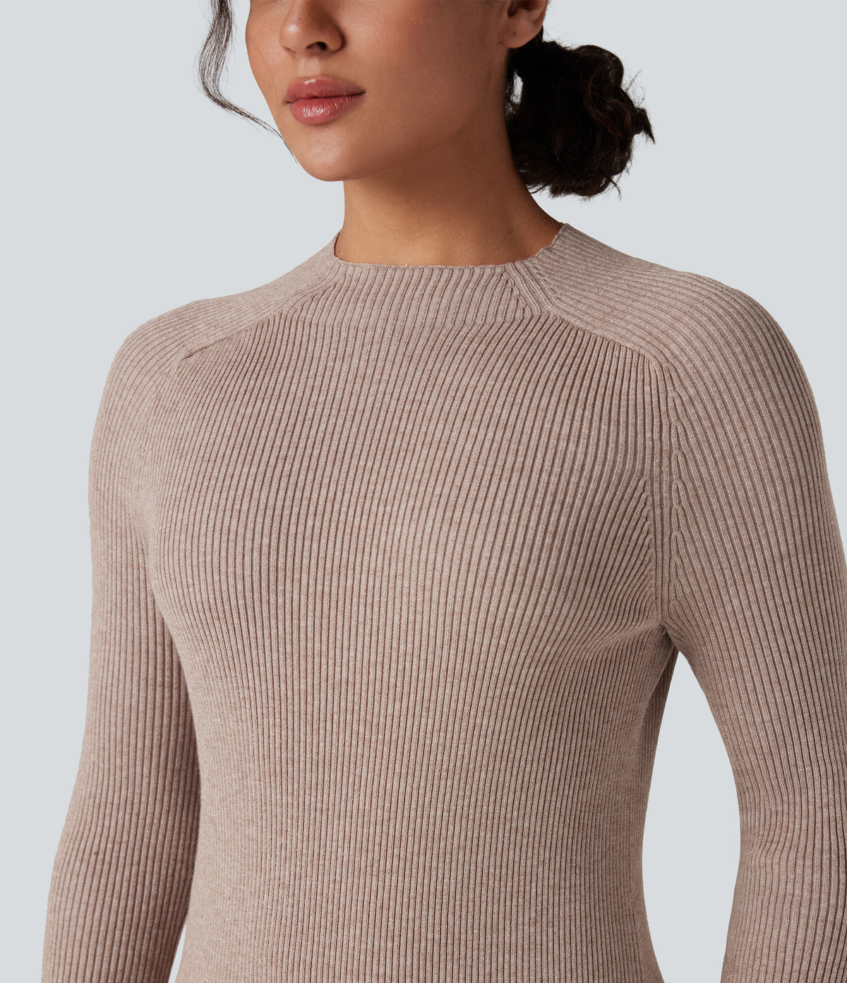Mock-neck Long Sleeve Split Hem Bodycon Midi Work Jumper Dress — Adobe Rose — view 4