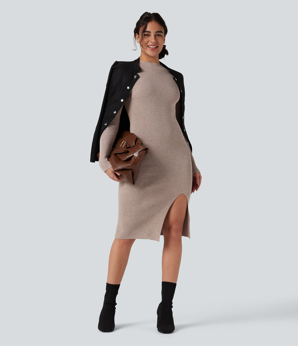 Mock-neck Long Sleeve Split Hem Bodycon Midi Work Jumper Dress — Adobe Rose — view 6