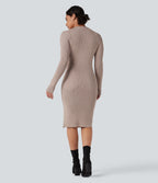 Mock-neck Long Sleeve Split Hem Bodycon Midi Work Jumper Dress — Adobe Rose — view 2