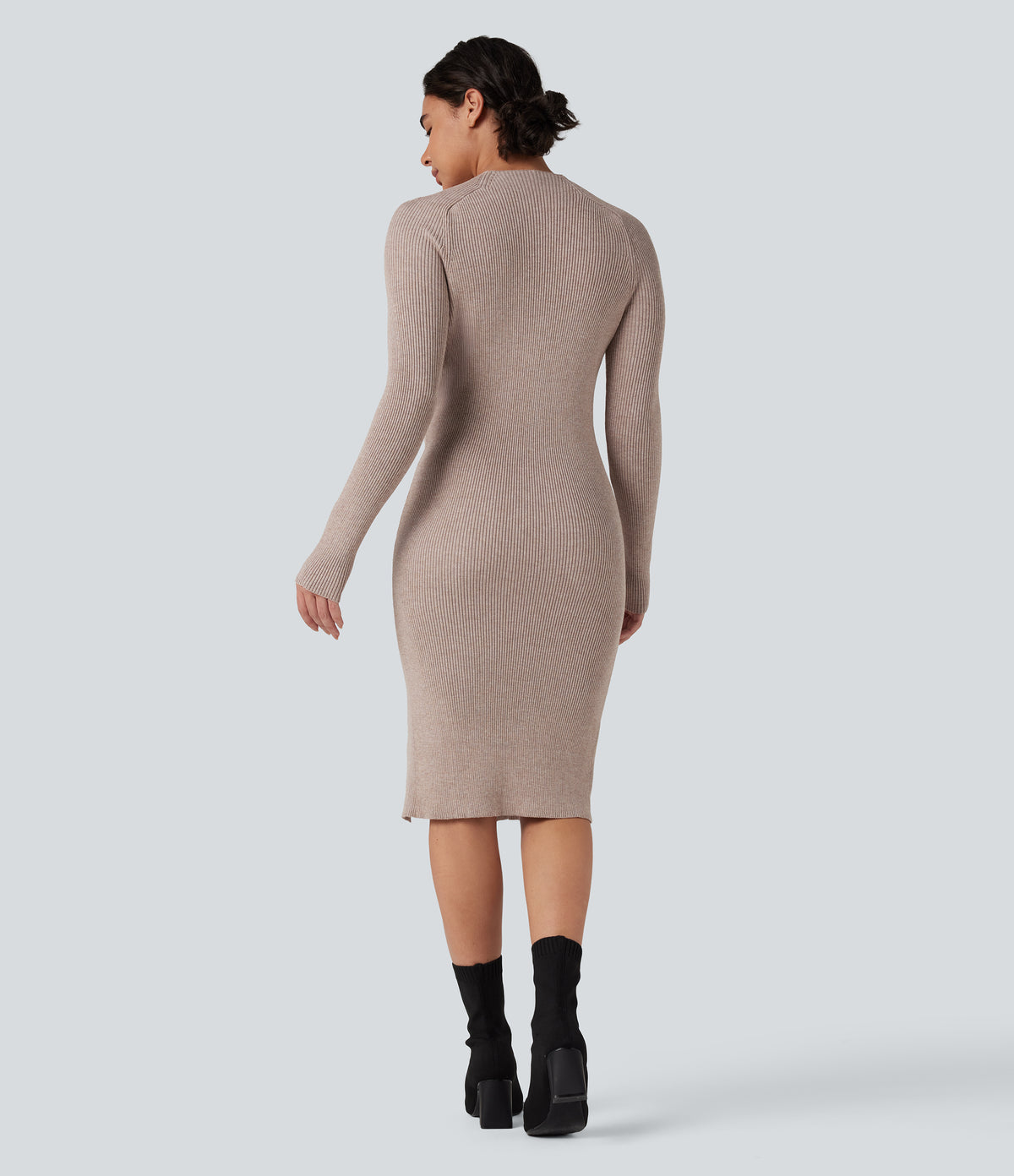 Mock-neck Long Sleeve Split Hem Bodycon Midi Work Jumper Dress — Adobe Rose — view 2