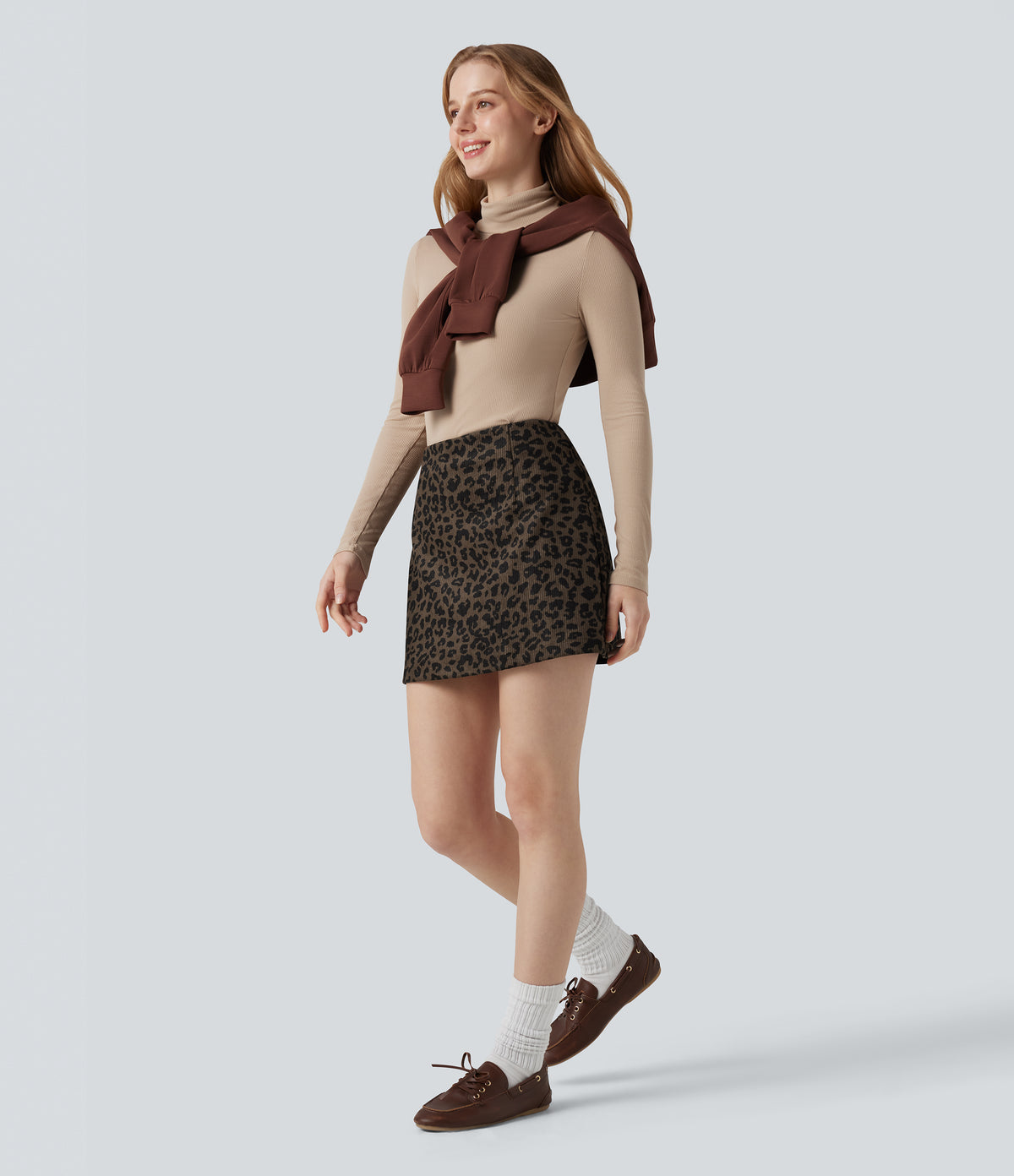 High Waisted 2-in-1 A Line Mini Leopard Print Corduroy Casual Skirt — Amber Leopard — view 7