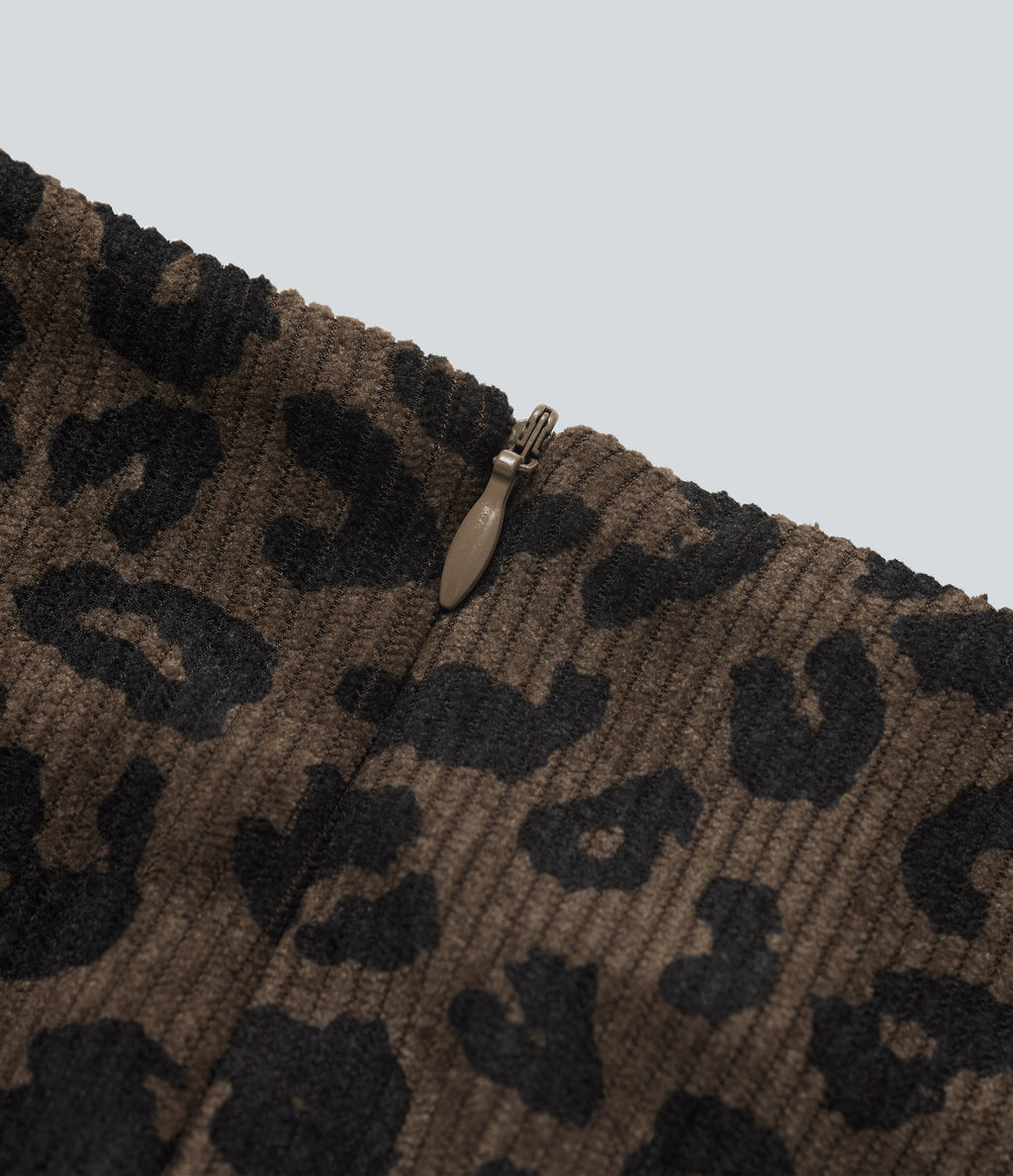 High Waisted 2-in-1 A Line Mini Leopard Print Corduroy Casual Skirt — Amber Leopard — view 8