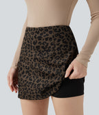 High Waisted 2-in-1 A Line Mini Leopard Print Corduroy Casual Skirt — Amber Leopard — view 4
