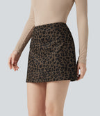 High Waisted 2-in-1 A Line Mini Leopard Print Corduroy Casual Skirt — Amber Leopard — view 3
