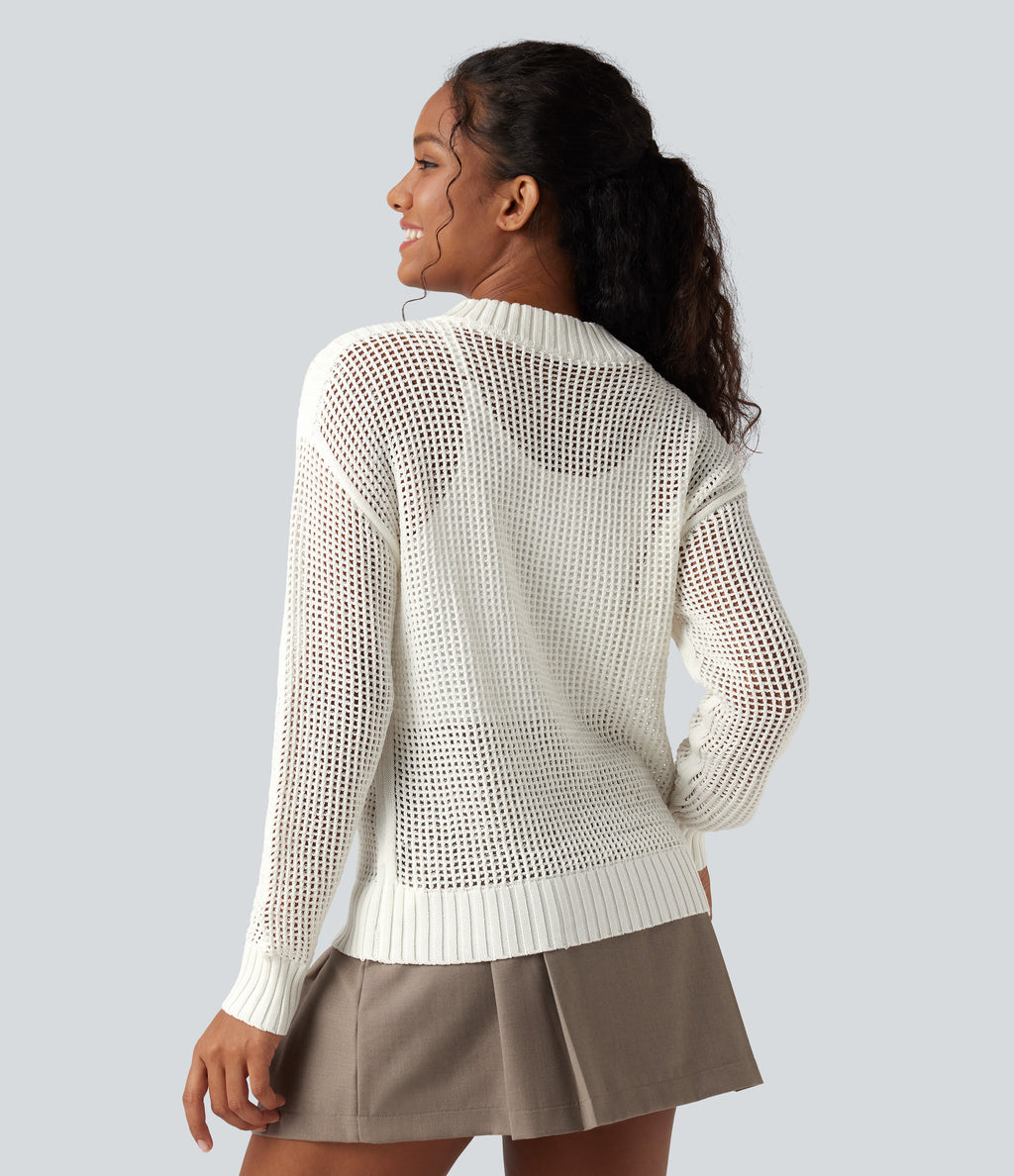 Round Neck Half Zipper Long Sleeve Hollow Out Casual Jumper — White — view 2