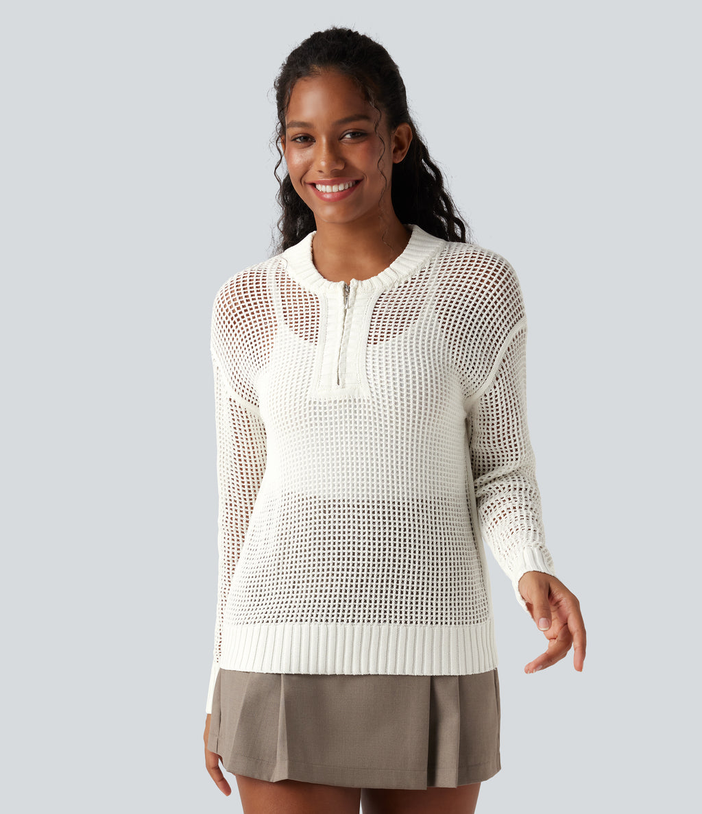 Round Neck Half Zipper Long Sleeve Hollow Out Casual Jumper — White — view 3
