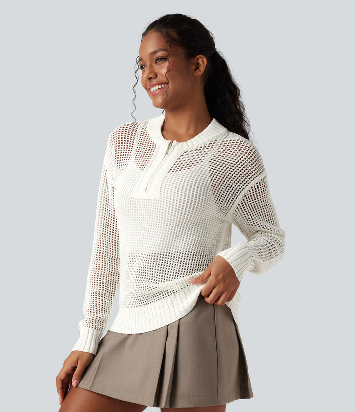 Round Neck Half Zipper Long Sleeve Hollow Out Casual Jumper — White — view 1
