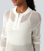 Round Neck Half Zipper Long Sleeve Hollow Out Casual Jumper — White — view 4