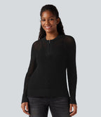 Round Neck Half Zipper Long Sleeve Hollow Out Casual Jumper — Black — view 6