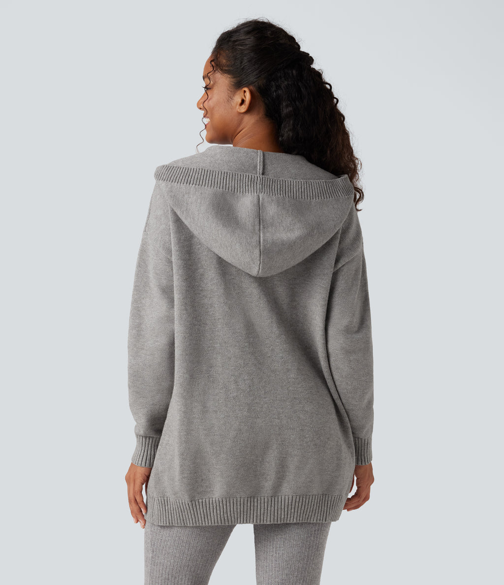 Hooded Button Fly Casual Cardigan with Pockets — Drizzle — view 2
