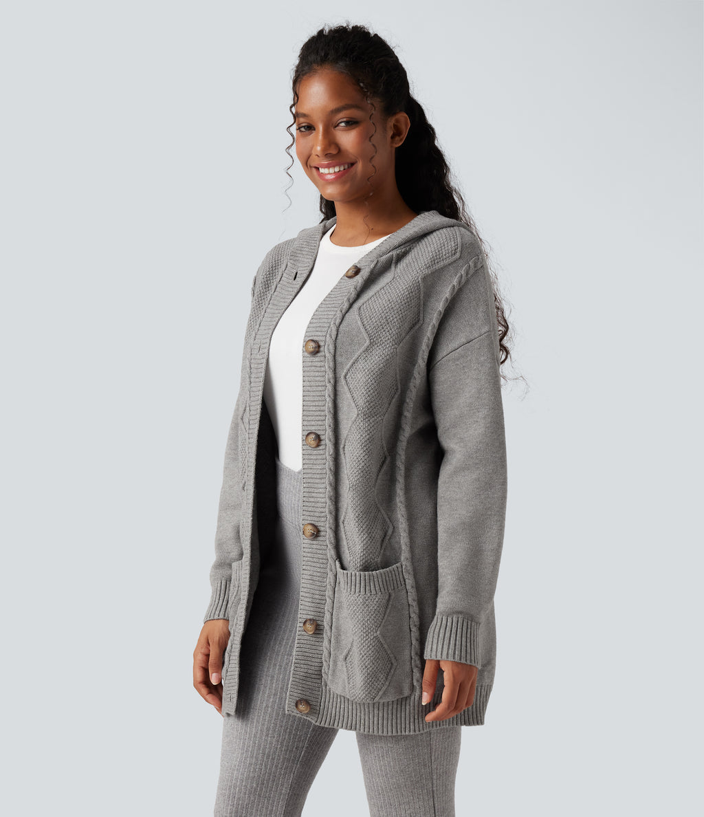 Hooded Button Fly Casual Cardigan with Pockets — Drizzle — view 1