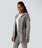 Hooded Button Fly Casual Cardigan with Pockets — Drizzle — view 1
