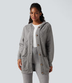 Hooded Button Fly Casual Cardigan with Pockets — Drizzle — view 3