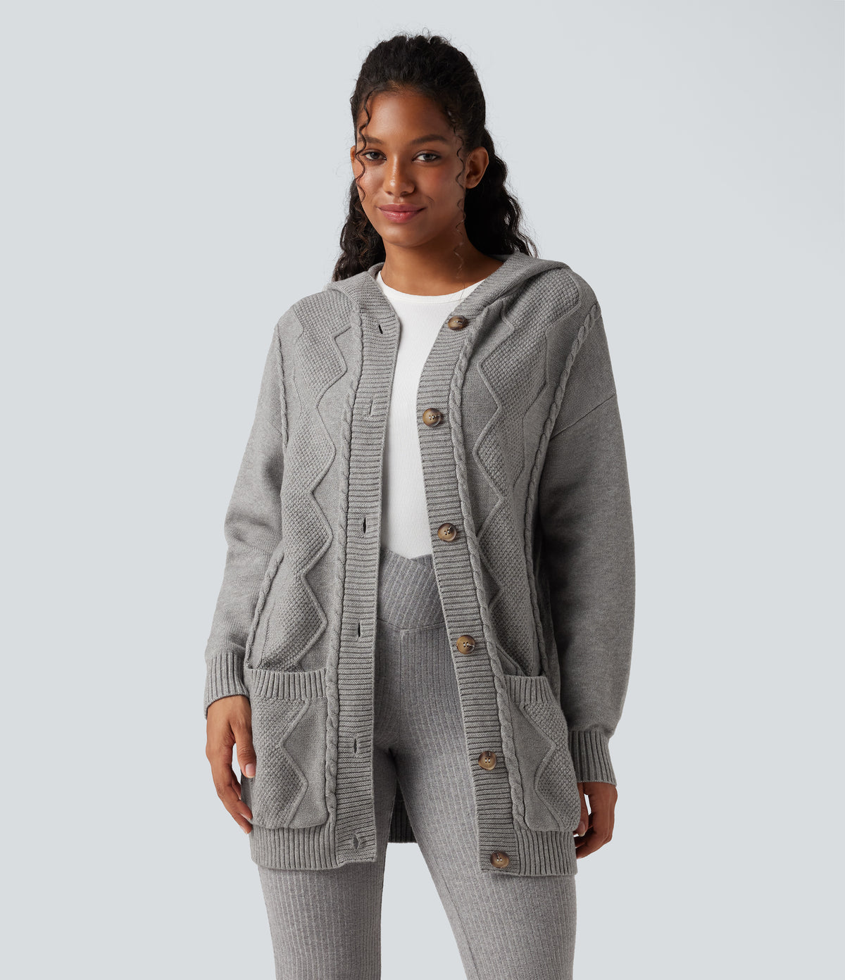 Hooded Button Fly Casual Cardigan with Pockets — Drizzle — view 3