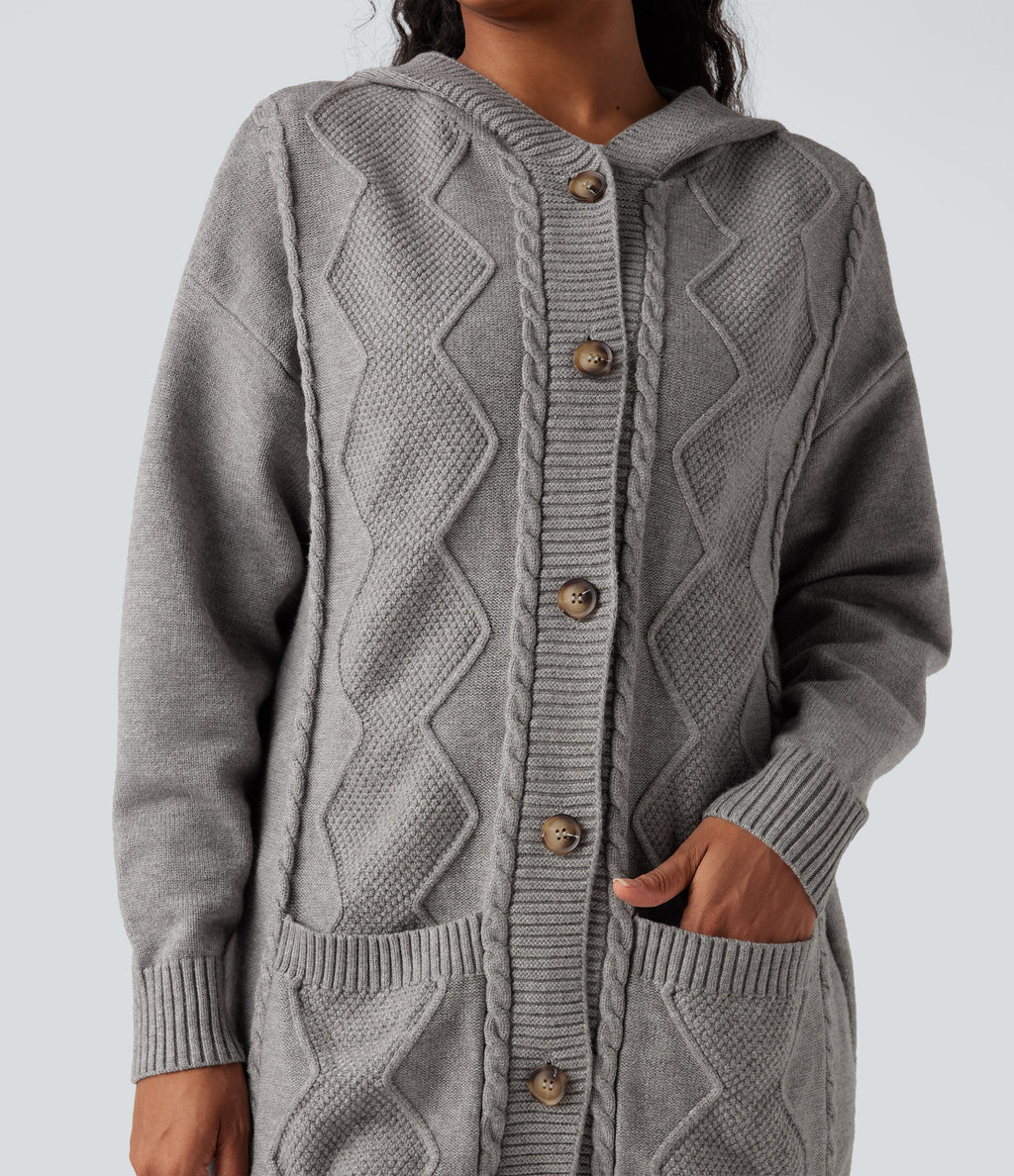 Hooded Button Fly Casual Cardigan with Pockets — Drizzle — view 4