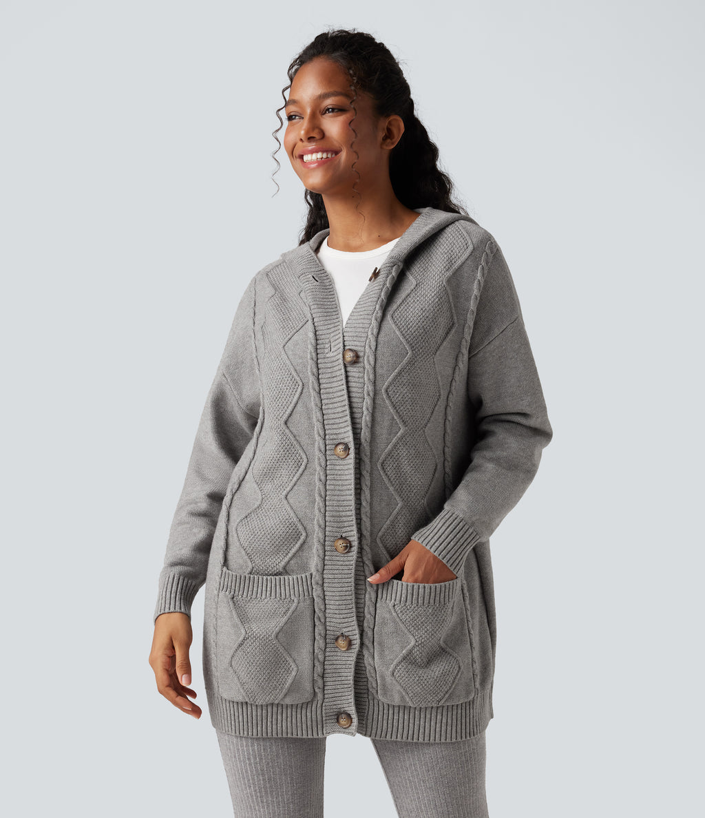 Hooded Button Fly Casual Cardigan with Pockets — Drizzle — view 6