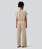 Round Neck Short Sleeve Velvet Work Jumpsuit with Pockets — Wood Ash — view 2