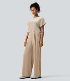 Round Neck Short Sleeve Velvet Work Jumpsuit with Pockets — Wood Ash — view 3